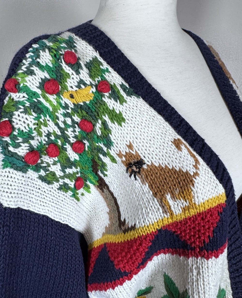 Vintage Talbots Hand Knit Fruit Patriotic School Teacher Cardigan Sweater Sz L