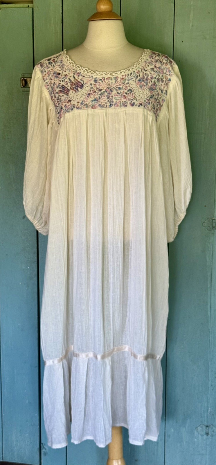 Pintuck Mexican Hand Stitched Embroidered Cotton Gauze Shift Dress Crochet L-XXL