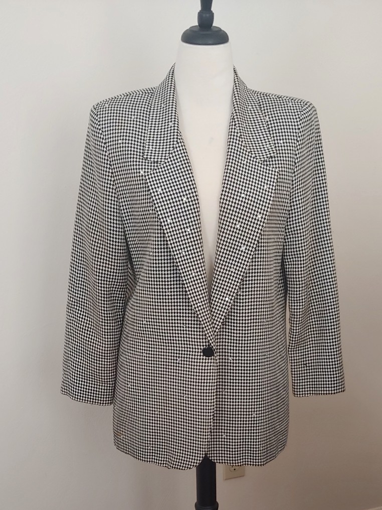 1990s Sportables Women&rsquo;s M Black/White Diamond Pattern Blazer Jacket/Rhinestones