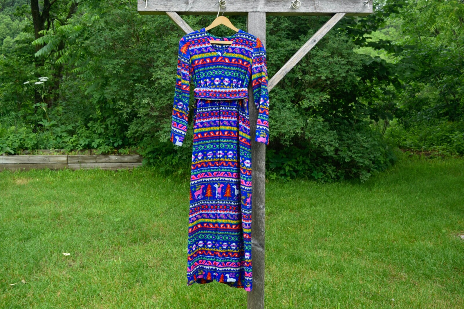 1970s XS Vibrant Nordic Print Maxi Dress Women&rsquo;s Blue Psychedellic Long Sleeve