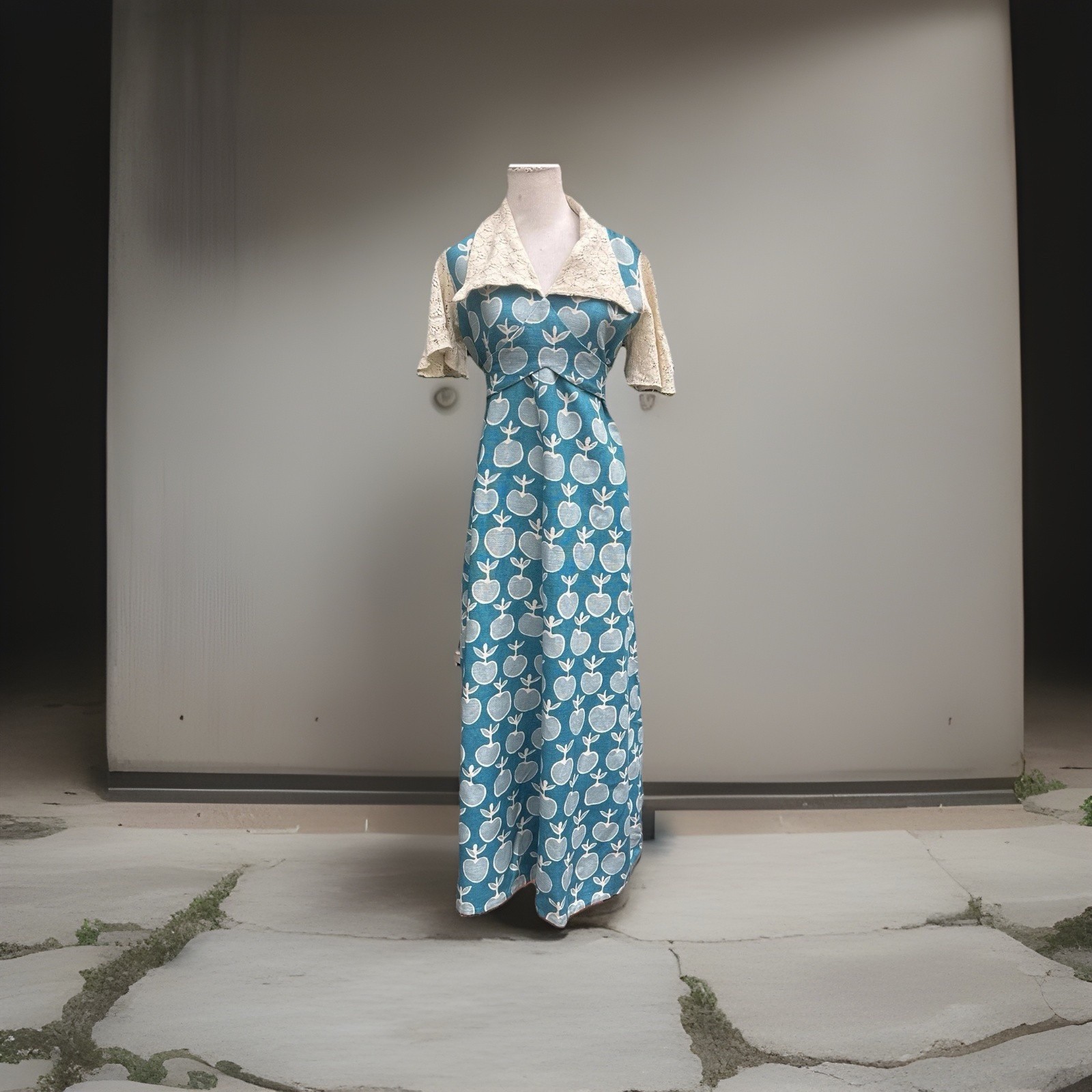 VTG Cute Dress Maxi Apple Print All Over Print 70s Hippie SZ L