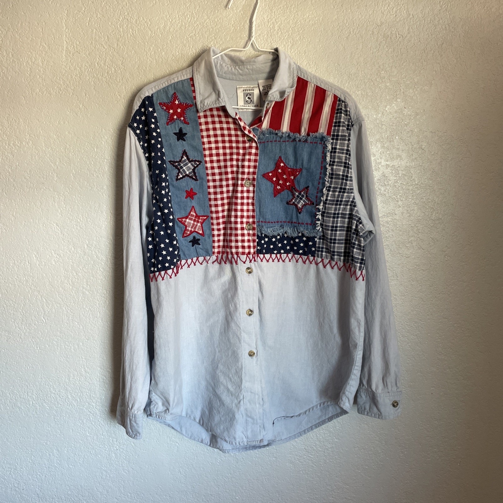 Vintage Denim Chambray Patriotic Patchwork Button Down Large
