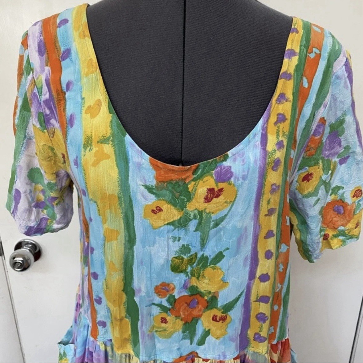 VINTAGE 1980s JAMS WORLD LIGHTWEIGHT RAYON HATTIE DRESS POLKA DOT AQUA POCKETS L