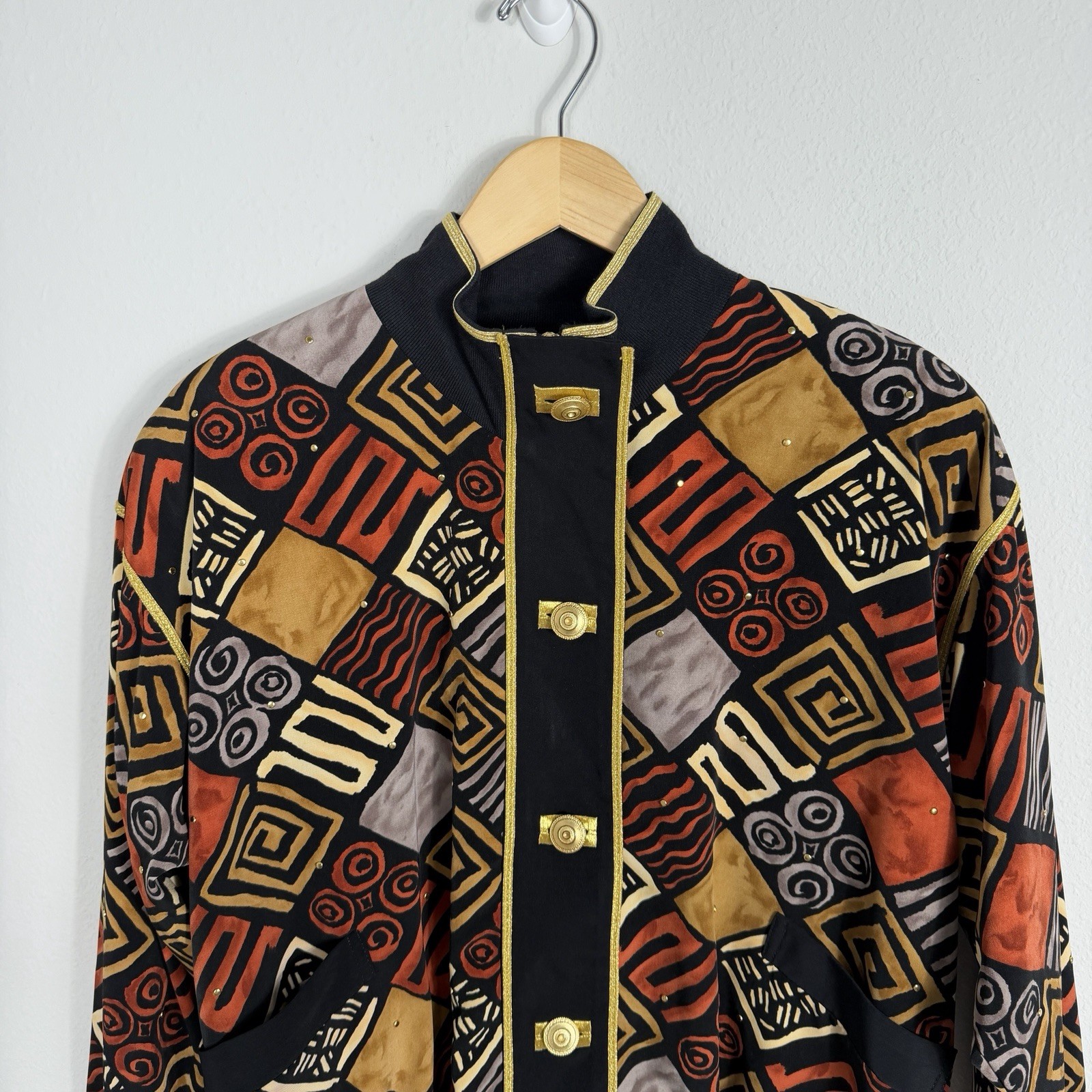 Vintage 90s Cache Geometric Abstract Artsy Gold Trim Bomber Jacket Women’s Large