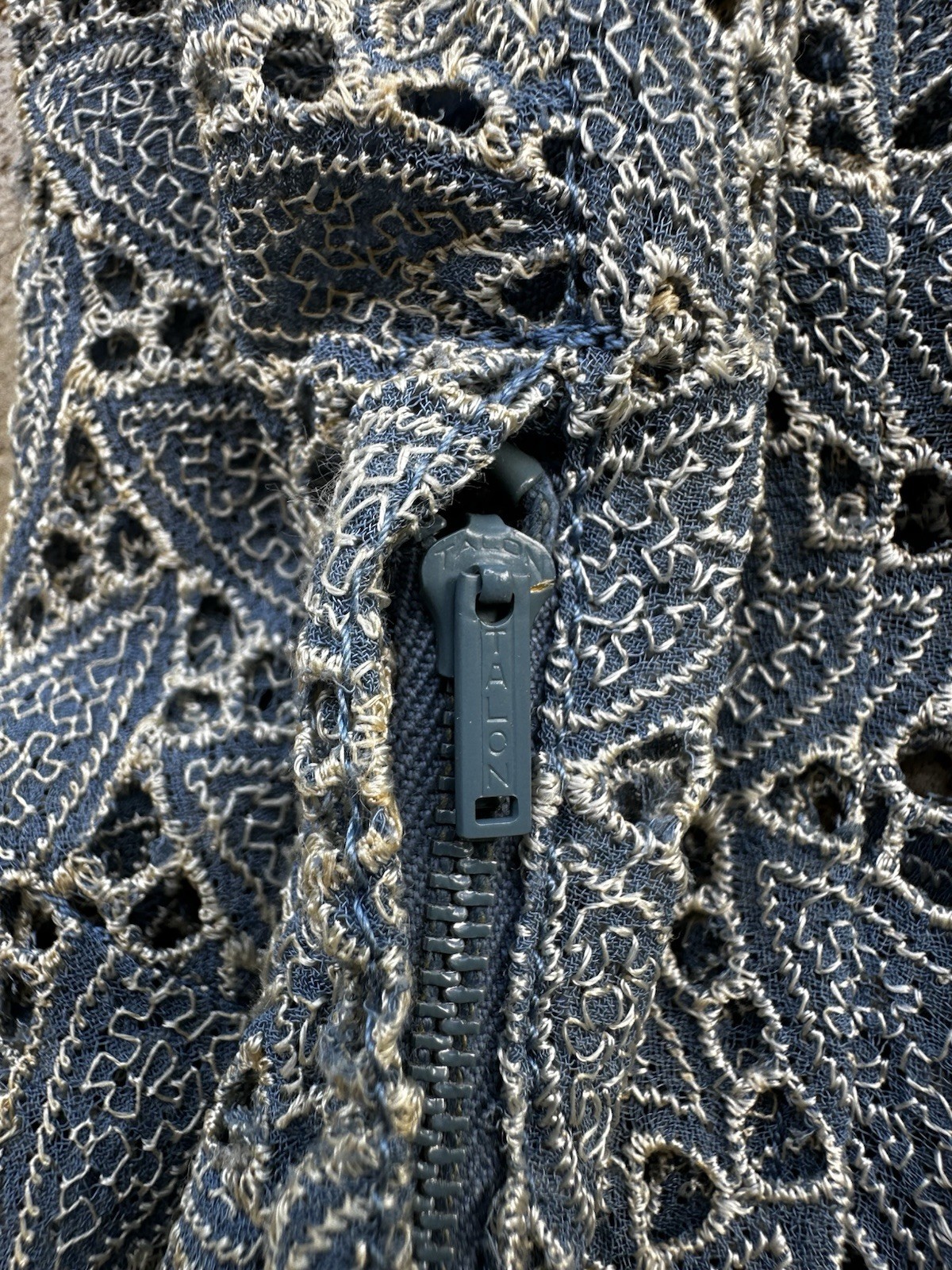 1940s Embroidered Rayon Crepe Cutwork Hostess Lounge Dress Blue Maxi L XL