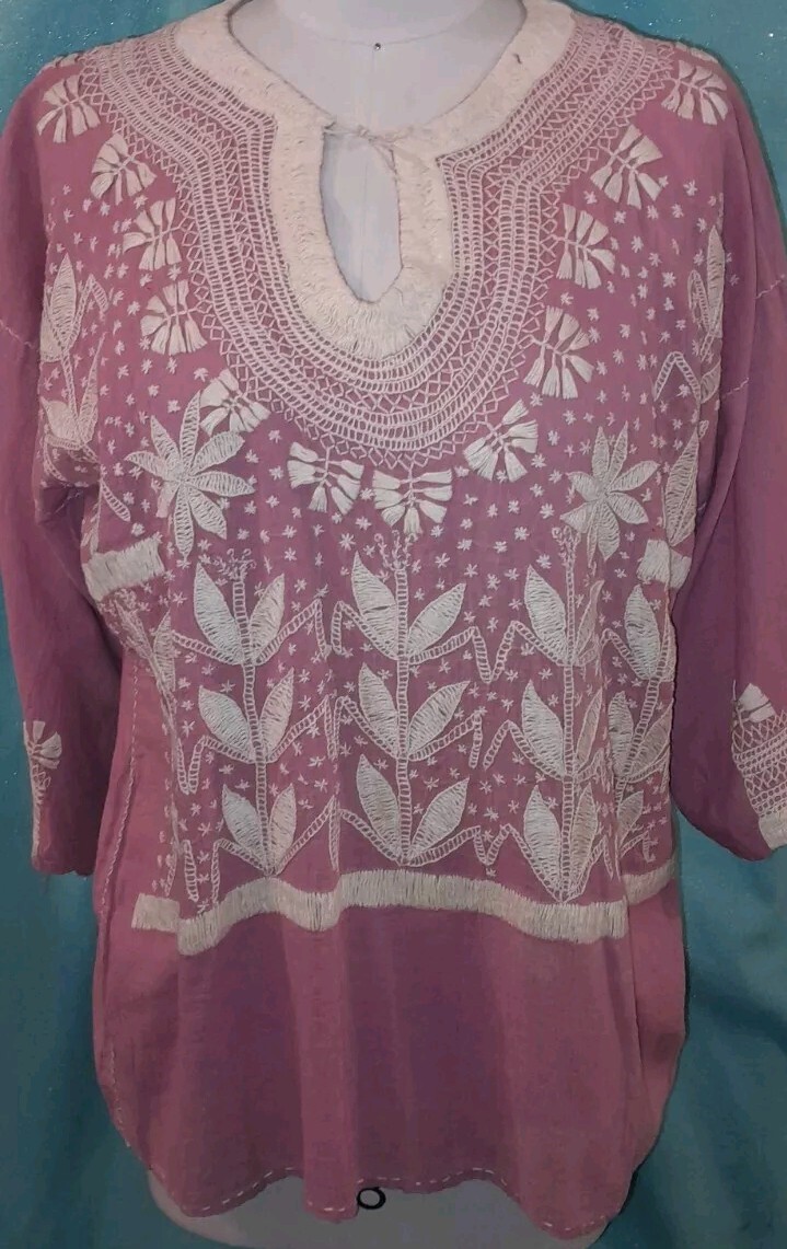 Vtg 60s 70s Gauze Mauve Pink HAND EMBROIDERED Ethnic Hippie Linen Cotton Top M