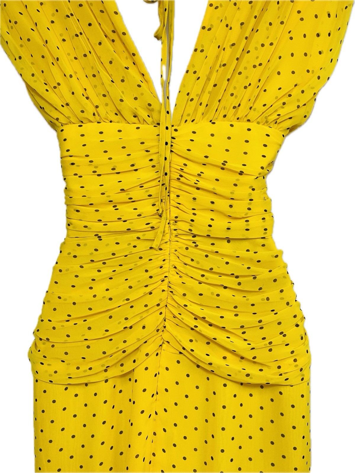 WAYNE CLARK Vtg 80s Yellow Brown Polka Dot Chiffon Draped Dress Floaty Scarf W30