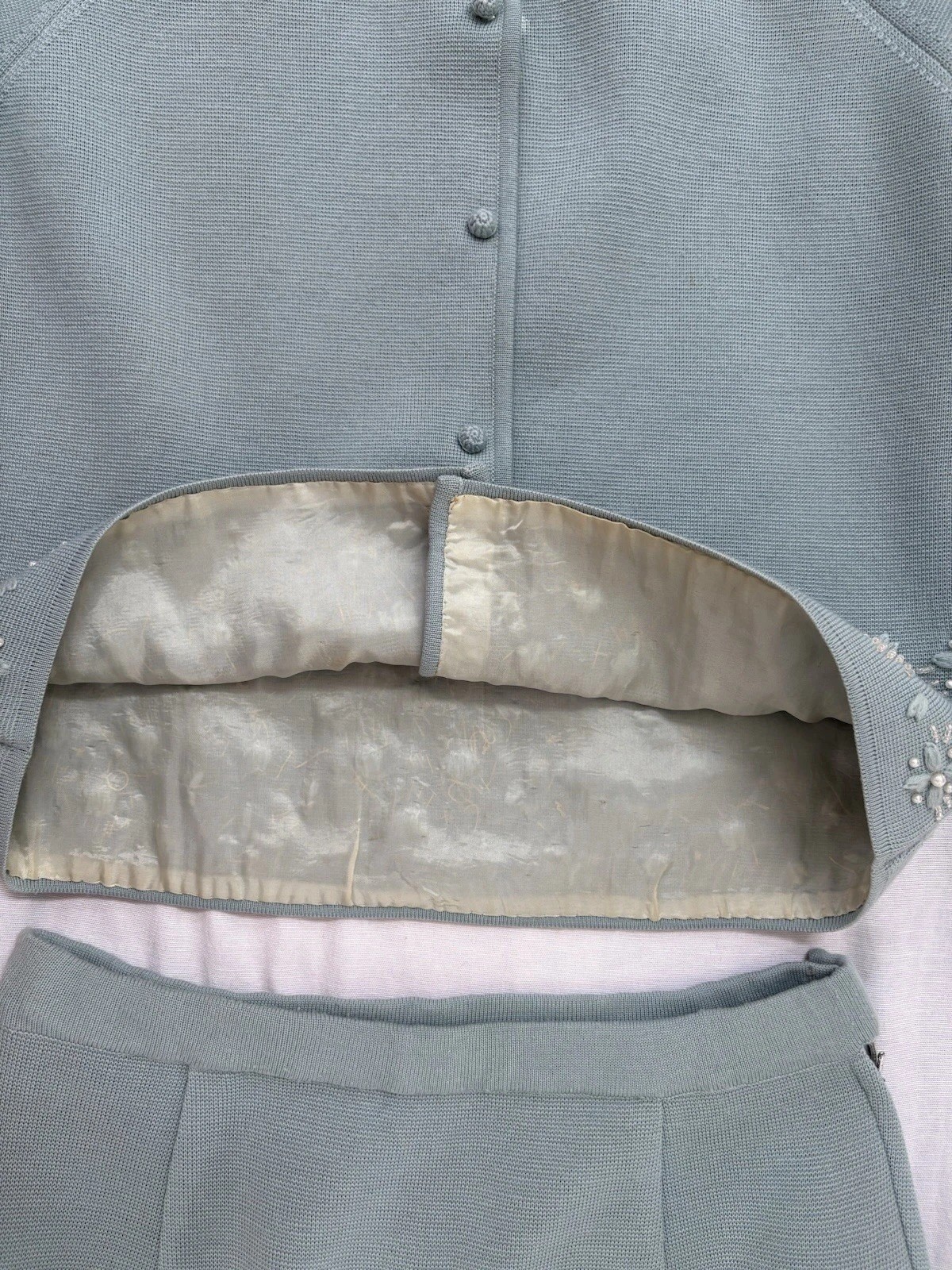 VTG Marshall Fields Skirt Suit Set Womens Large Powder Blue Wool Beaded Pearls