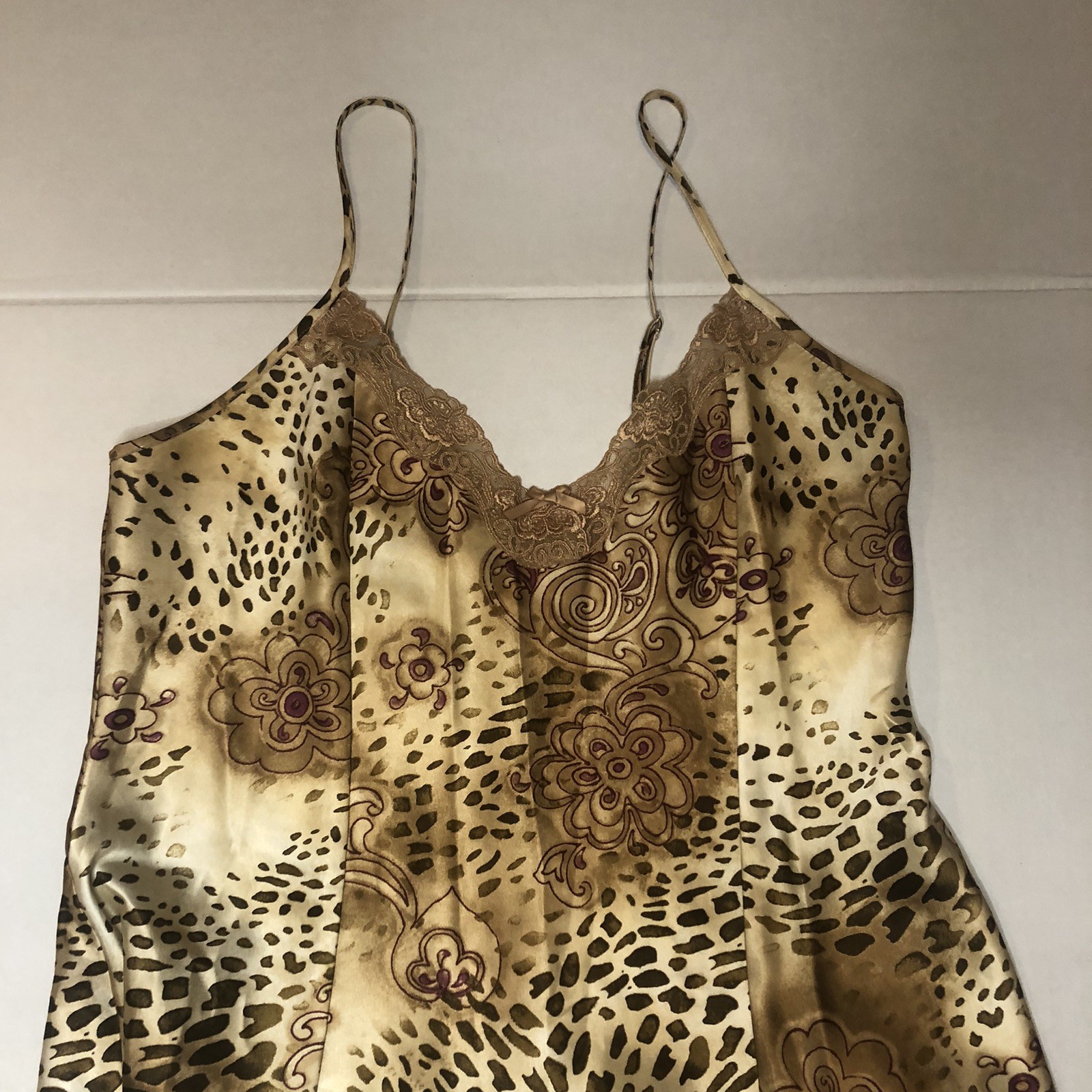 Delicates Brown Floral Leopard Nightgown Bodice Slip Dress Silky Satin Medium