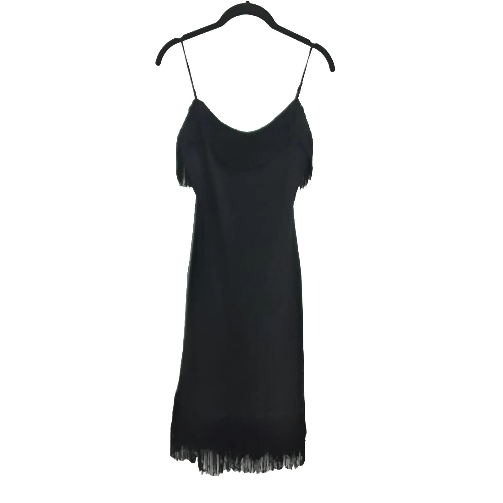 ❤️90s BETSEY JOHNSON Fringe Slip Dress Black Vtg Mesh Gatsby Cocktail Party Sz 8