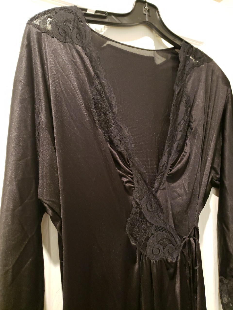Vintage Silky Black Wrap Around Long Nightgown Hollywood Core Glamour