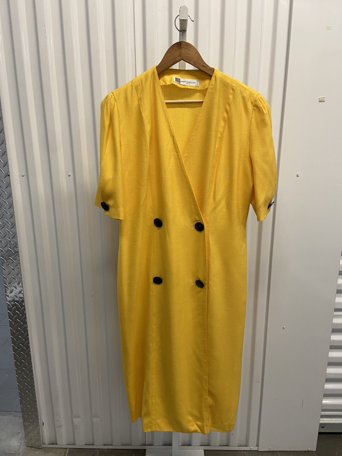 Vintage 80s Pierre Balmain Yellow Linen Power Dress Women’s M-L Made in France