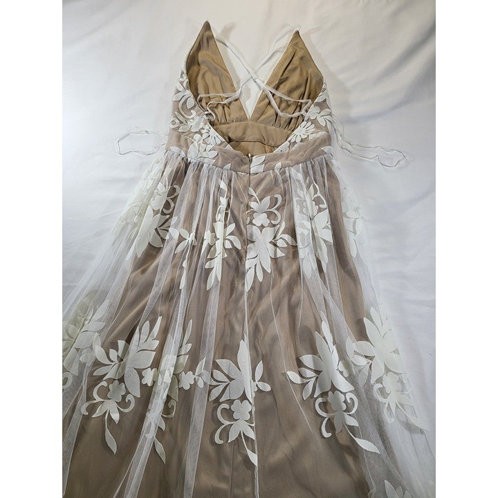 The Vintage Shop Nude White Floral Lace Tulle Dress Boho Deep V Back Size M