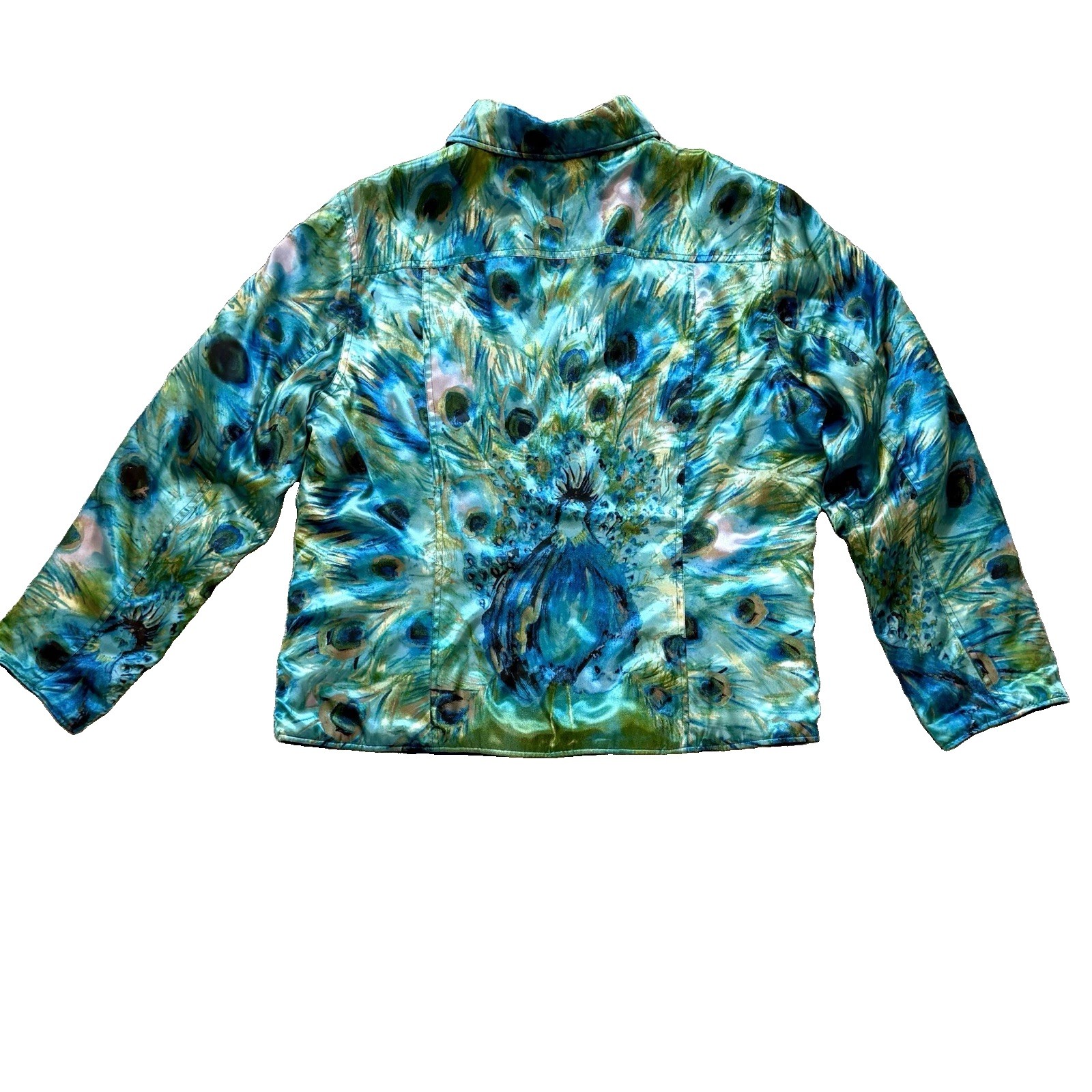 Vintage Reversible Peacock Feather Quilted Jacket Wearable Art Womens XL 80s 90s