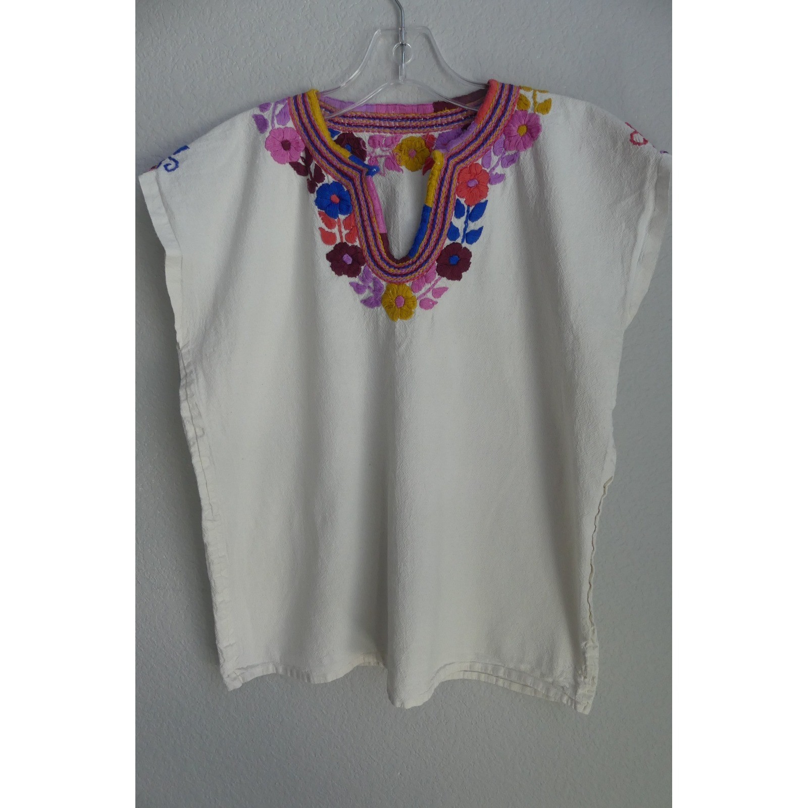 Vintage Mexican Hand Embroidered Floral Huipil Blouse Cotton Boho Top Festival