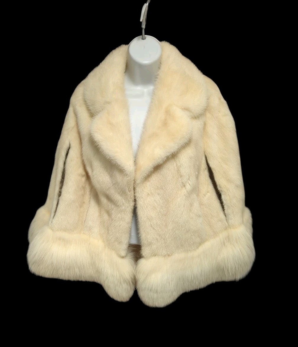 VTG Genuine Mink & Fox Fur Cape w/ Collar Bullocks 1960s Cream Bridal Evening
