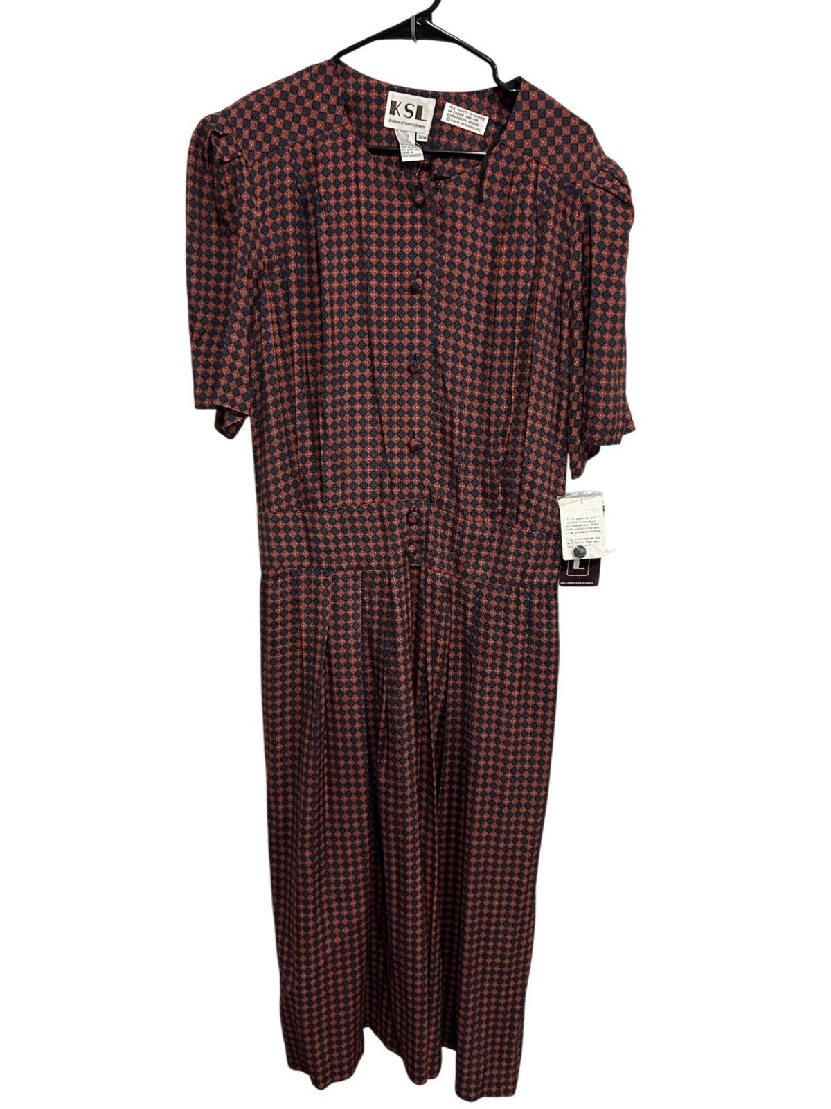Vintage KSL Karin Stevens Pleated Dress Red Blue Sz 20W Geometric Pattern NWT