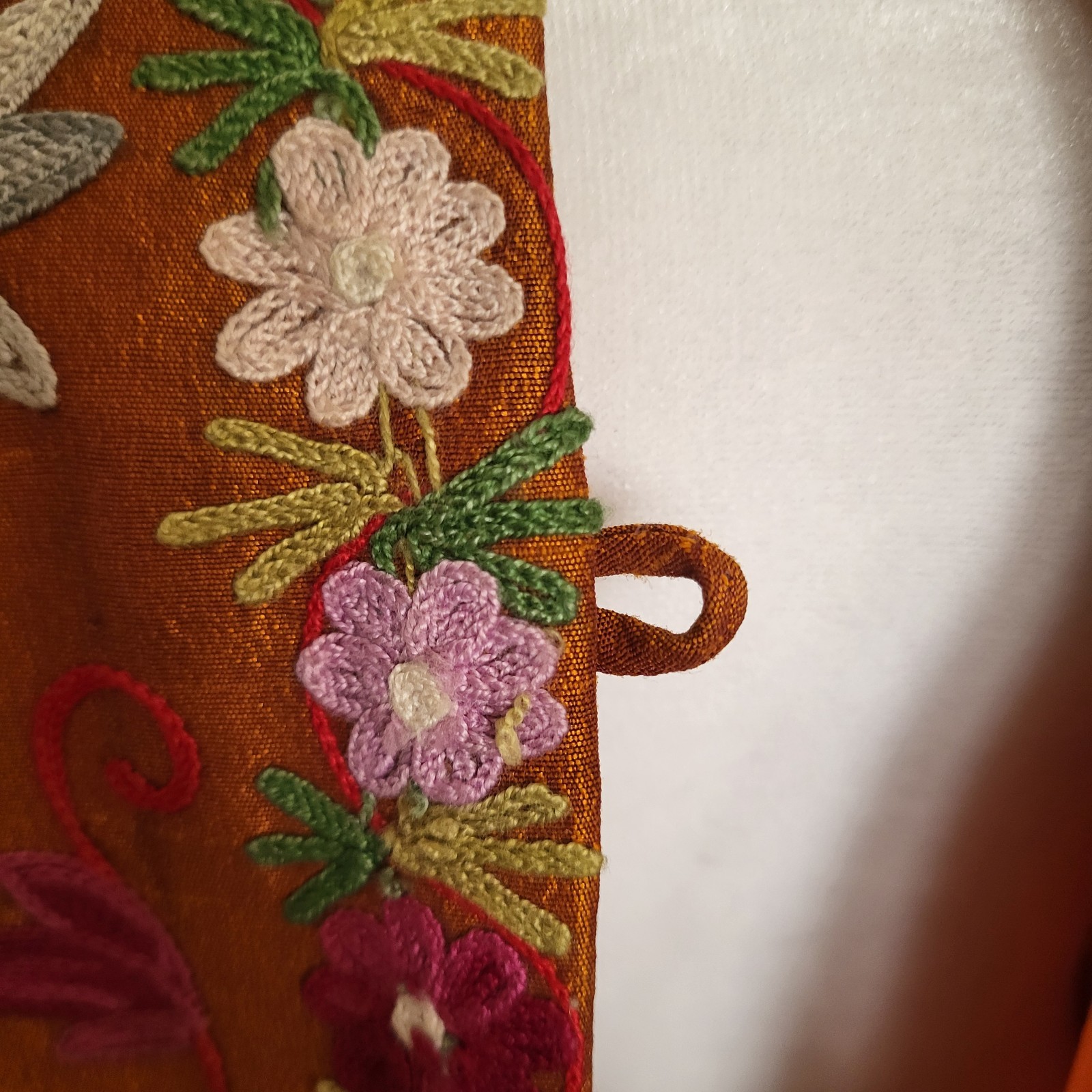 Vintage Long Kashmiri Aari Crewel Embroidered Copper Silk Jacket Floral Size L