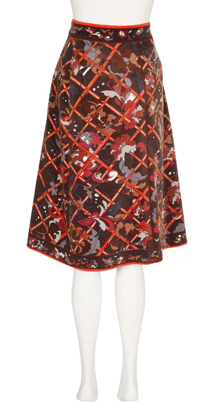Emilio Pucci 1970s Vintage Floral Print Brown Cotton Velvet Wrap Skirt Sz S 28w