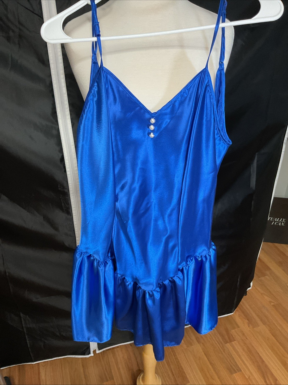 Vtg 80s Lady Cameo Blue Chemise Slip Buttons Bow Lingerie Med Liquid Satin NEW