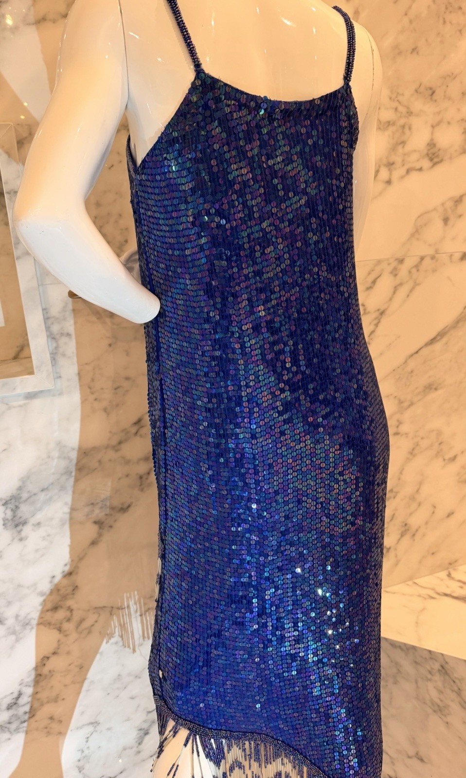 Vintage Laurence Kazar Blue Sequin Beaded Silk Cocktail Dress Fringe Art Deco M