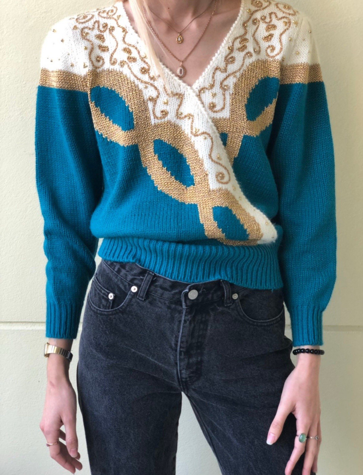Vintage Dana Scott 80s Beaded Sweater Blue Gold White Large
