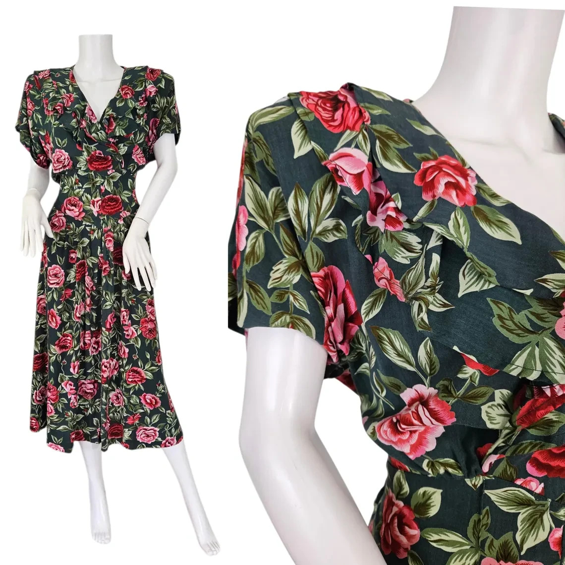 California Concepts 1980s Green Red Rose Rayon Cottage Core Dress Med