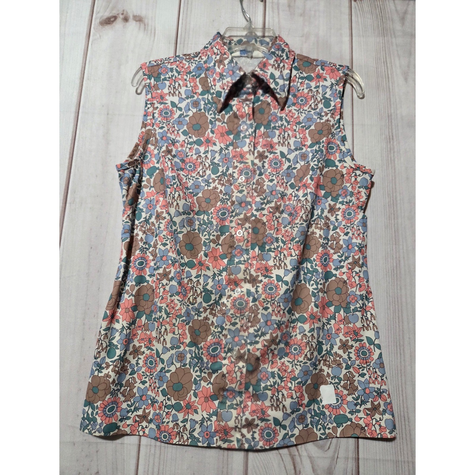 Vintage Sears Perma-Prest Sleeveless Floral Blouse 70s Psychedelic Retro Top M