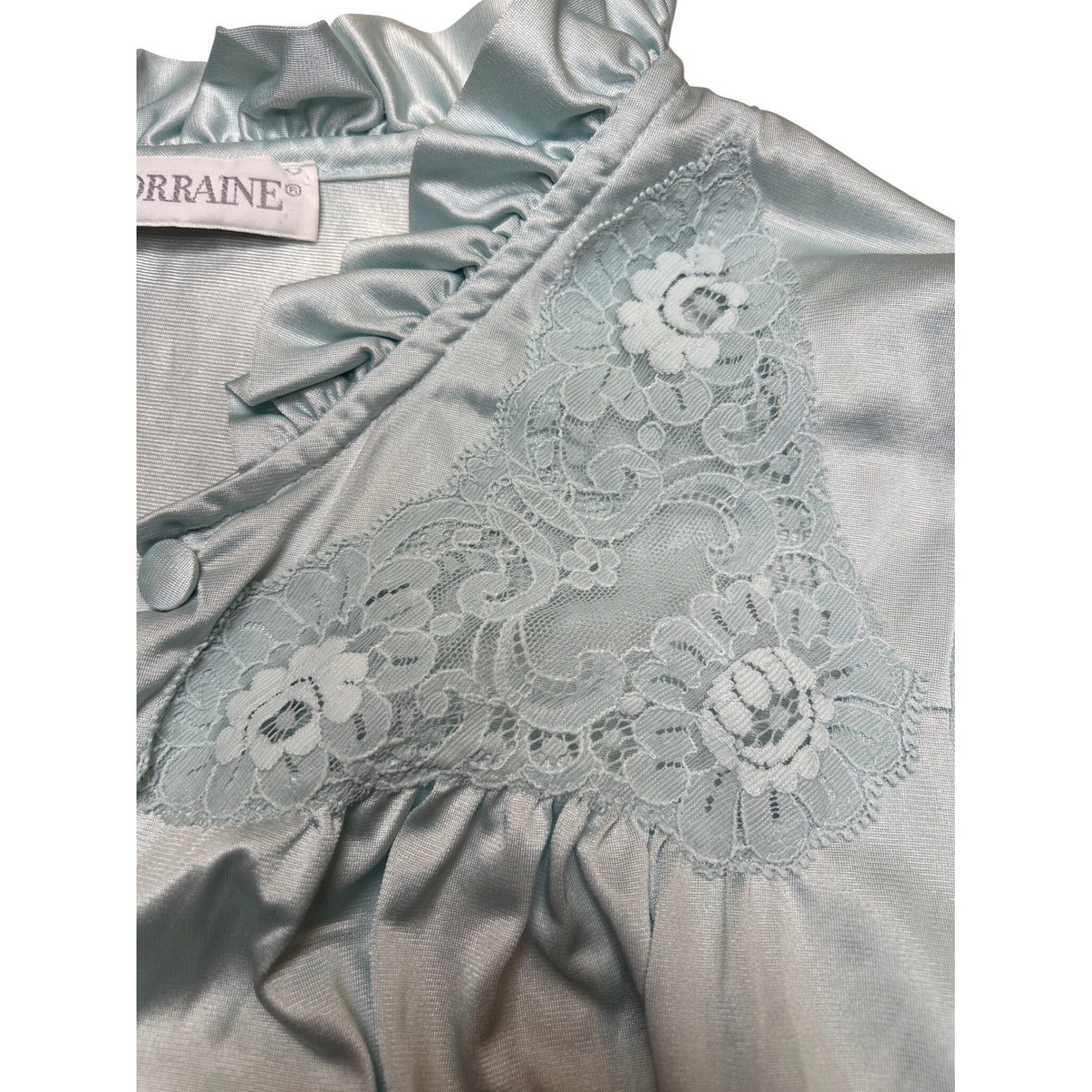Lorraine Vintage Light Blue Lace Button Front Nightgown Housecoat Short Sleeve