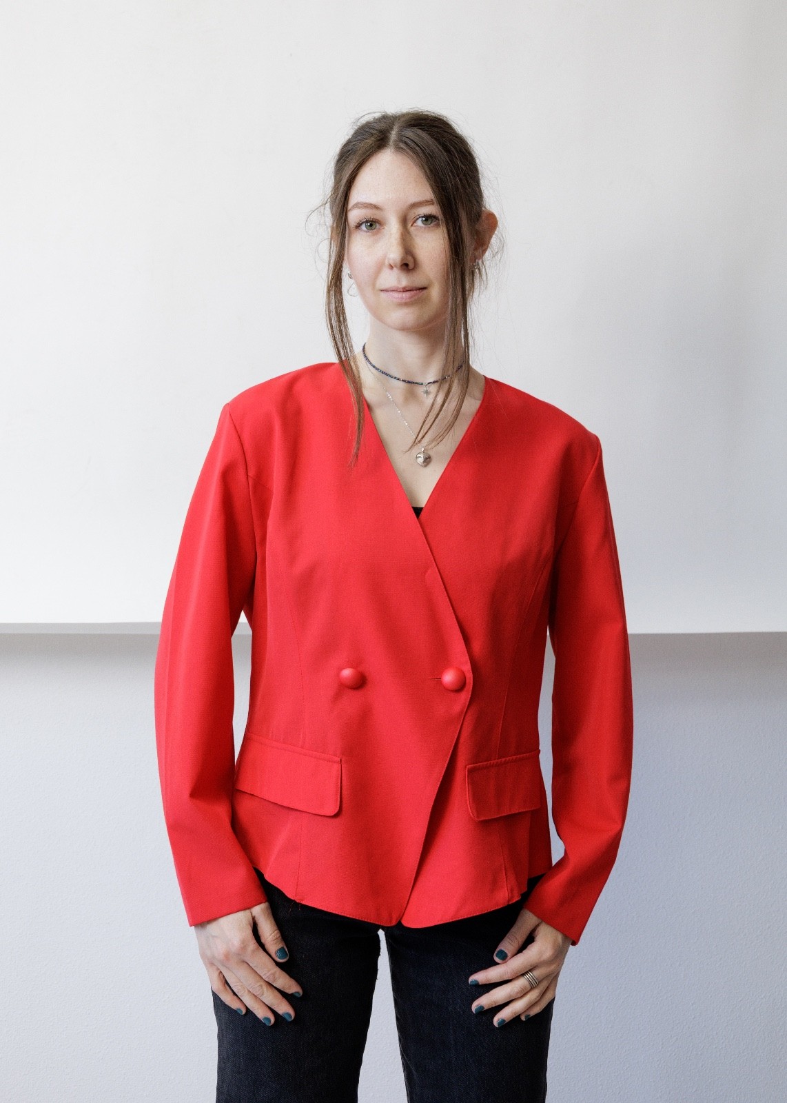 Vintage 80s Crimson Red Wool Blend Blazer Collarless V-Neck Power Jacket Women&rsquo;s