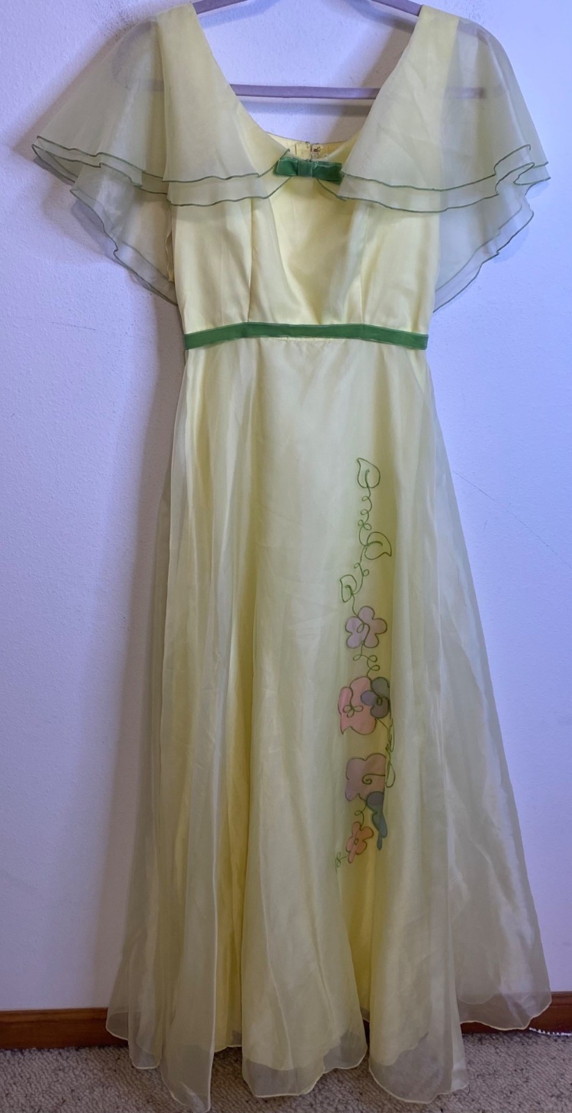 Vintage Union Made Yellow NADINE Chiffon Beauty Flutter Sleeve Maxi Dress SMALL