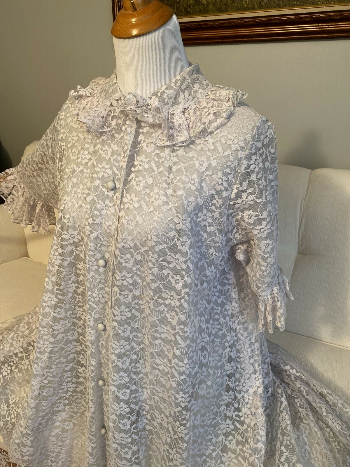 Vintage Blue Chantilly lace Nylon Duster Woman Housecoat Robe sleepwear Lingerie