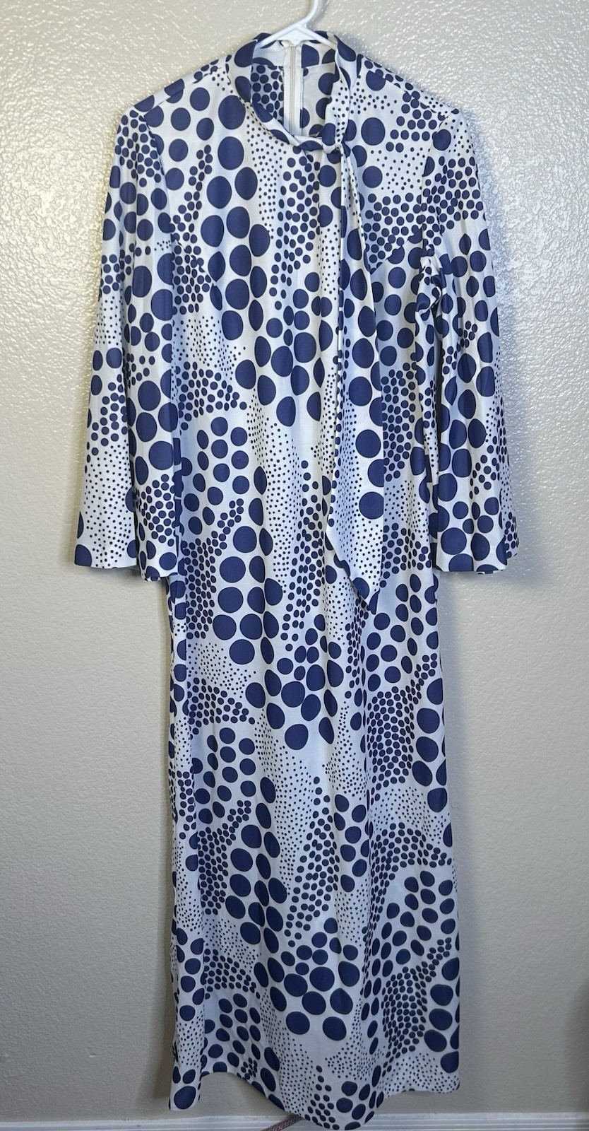 Terkel De Paris Mid Century Blue & White Polka Dot House Lounge Dress Caftan 16