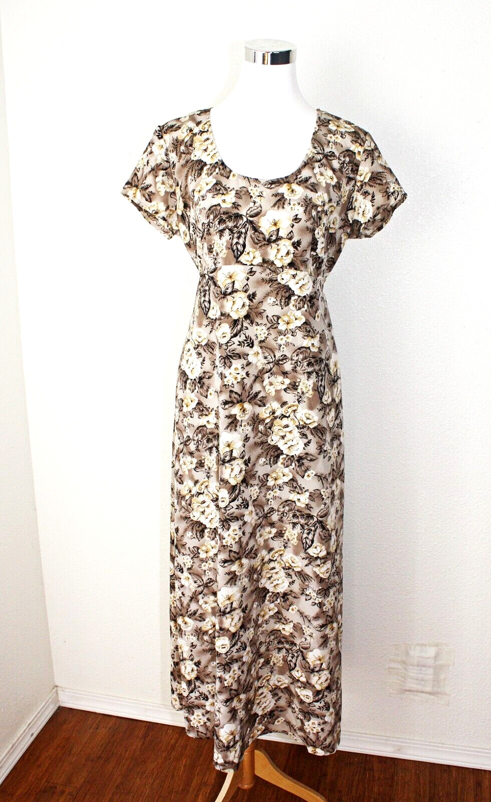 VTG ALL THAT JASS Maxi Dress Sz 13 / 14 Brown Cream Roses Short Sl. Babydoll #03