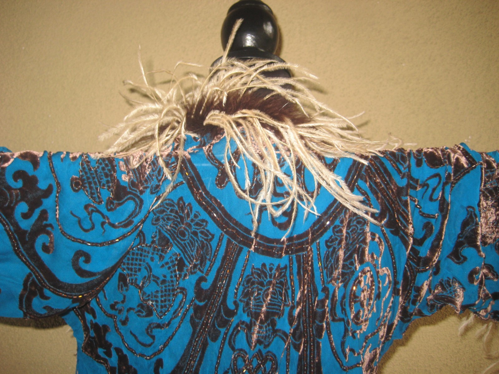 Vintage w/tag Mina Collection turquoise burnout kimono feathers sleeves wrap S/M