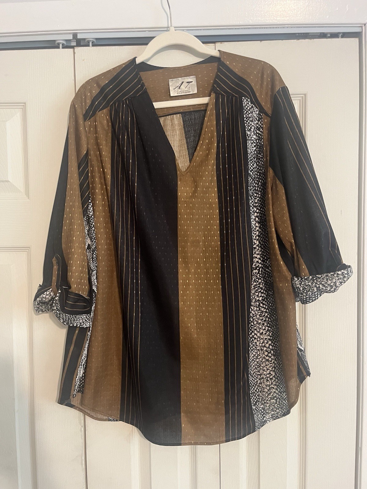 Vintage Ample Tops Boho Hippie 2X Tunic Top Back Brown Gold Long Sleeve