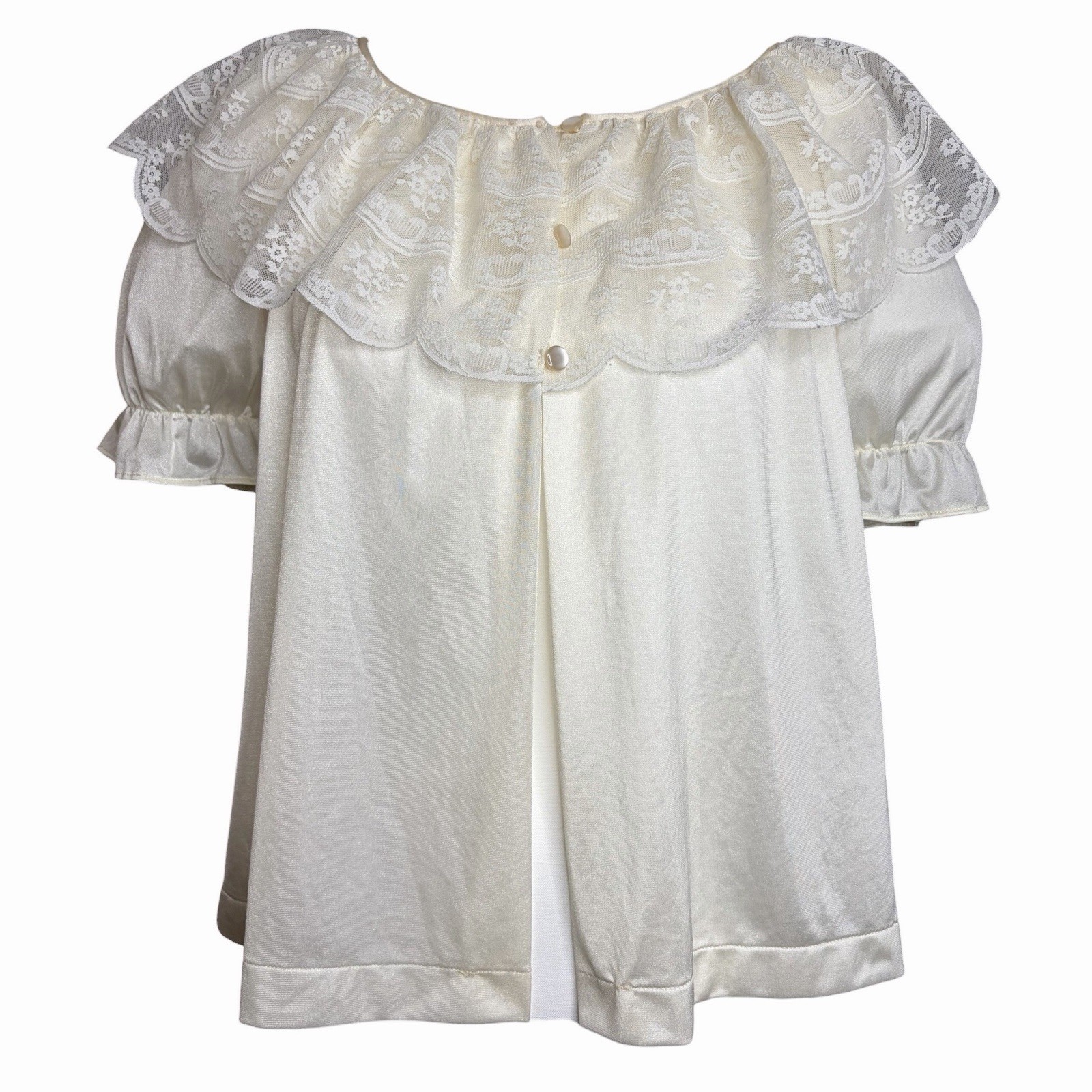 Vintage Ivory Lace Bed Jacket M Cropped Open Front Coquette Boudoir Nylon Top