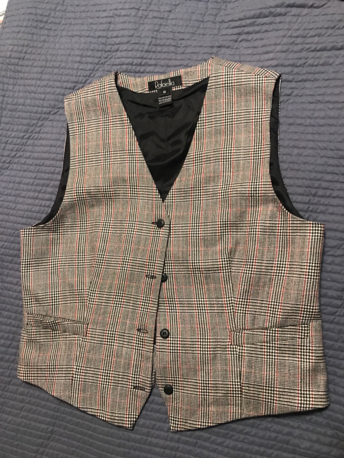 vintage 1980s Rafaella women&rsquo;s vest black white red plaid pattern 💯 wool sz 12