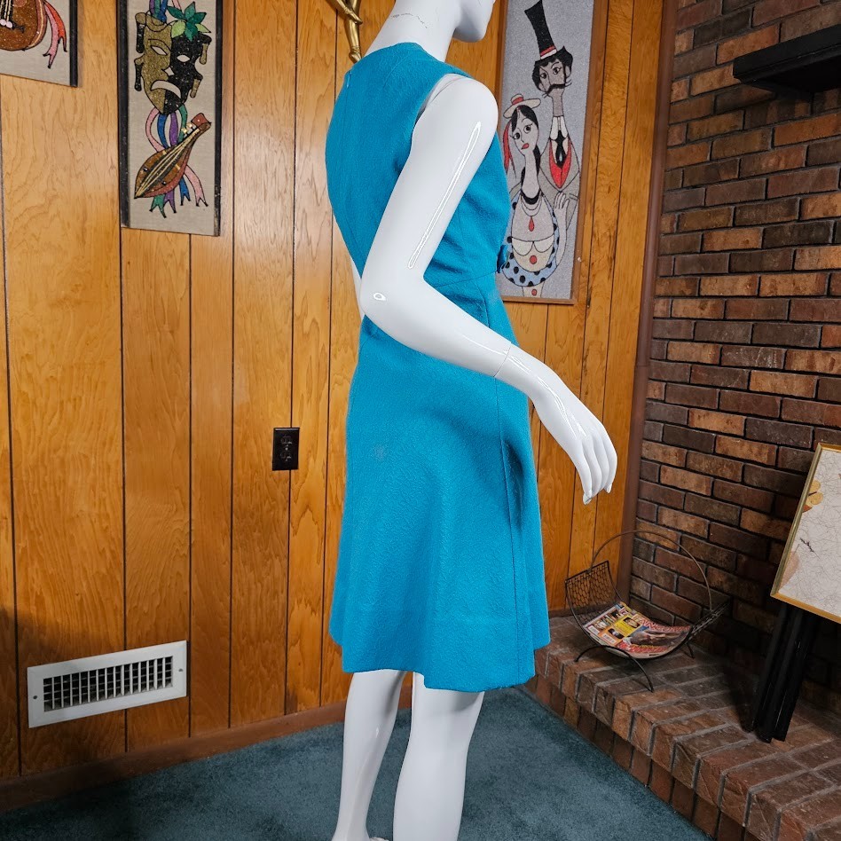 Vintage 60s Mod Go Go A-Line Empire Mini Shift Teal Texture Knit Party Dress M/L
