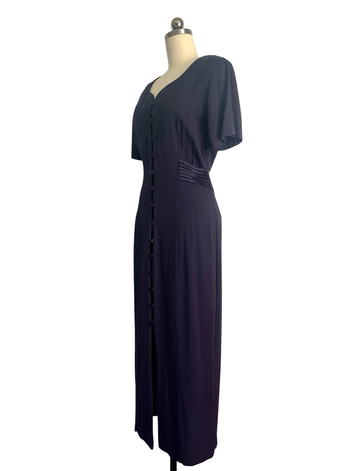 Vintage 80s Navy Blue Button Down Satin Belt Heart Neckline 40s inspired Midi S