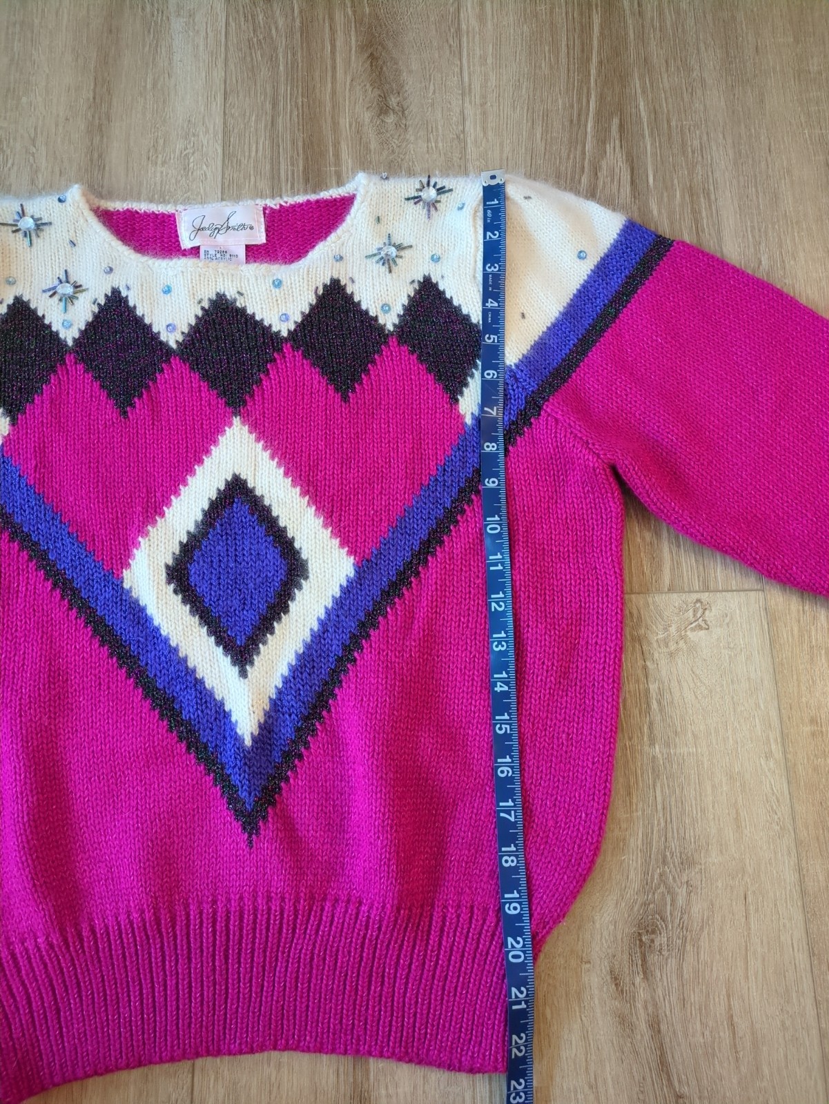 Vintage Bold Geometric Angora Wool Blend Top Fuschia Embellished 80s Mom Sweater
