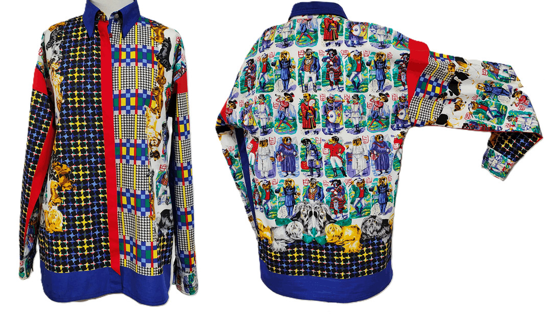 VTG VERSACE JEANS COUTURE Puppy Dog Novelty Print Circus Blouse Top Shirt S