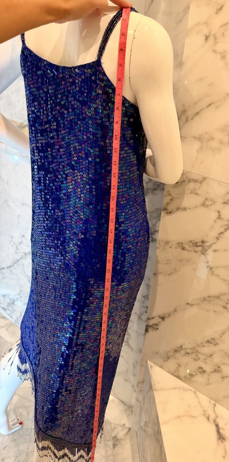 Vintage Laurence Kazar Blue Sequin Beaded Silk Cocktail Dress Fringe Art Deco M