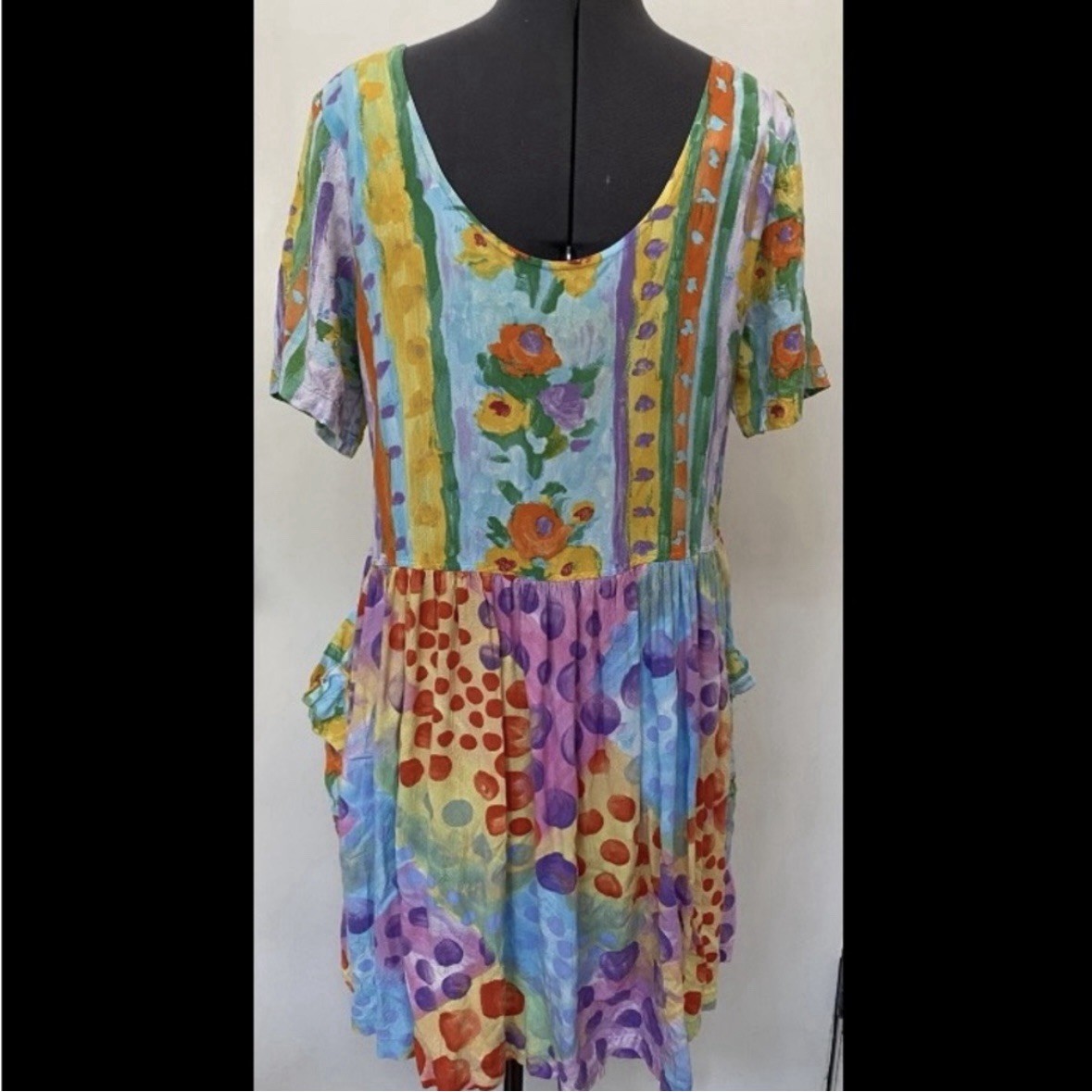 VINTAGE 1980s JAMS WORLD LIGHTWEIGHT RAYON HATTIE DRESS POLKA DOT AQUA POCKETS L