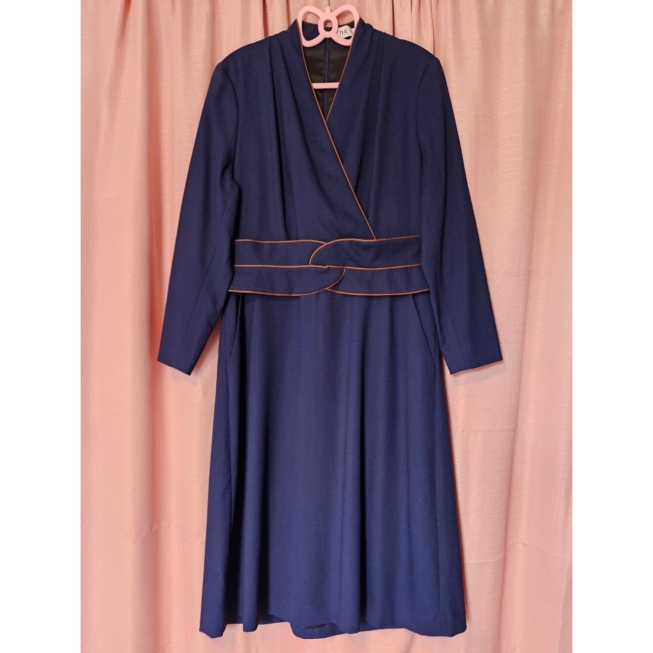 Rare THE FOLD London Virgin Wool Navy Blue w/ Copper Neck Line & Belt Trim Dress