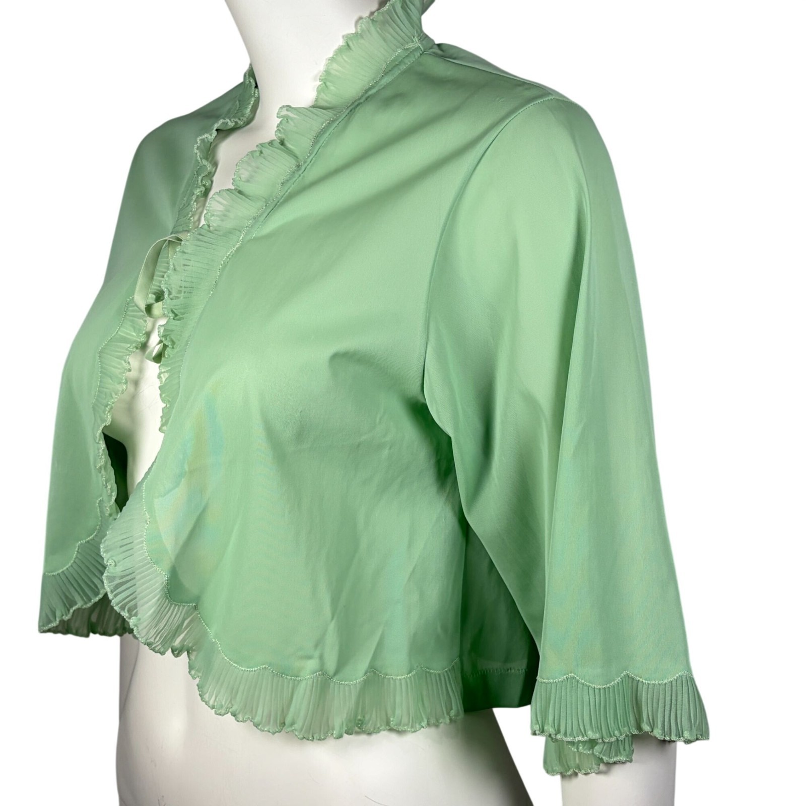 Vintage Cropped Nylon Bed Jacket with Ruffle Trim Front Tie Light Green One Size