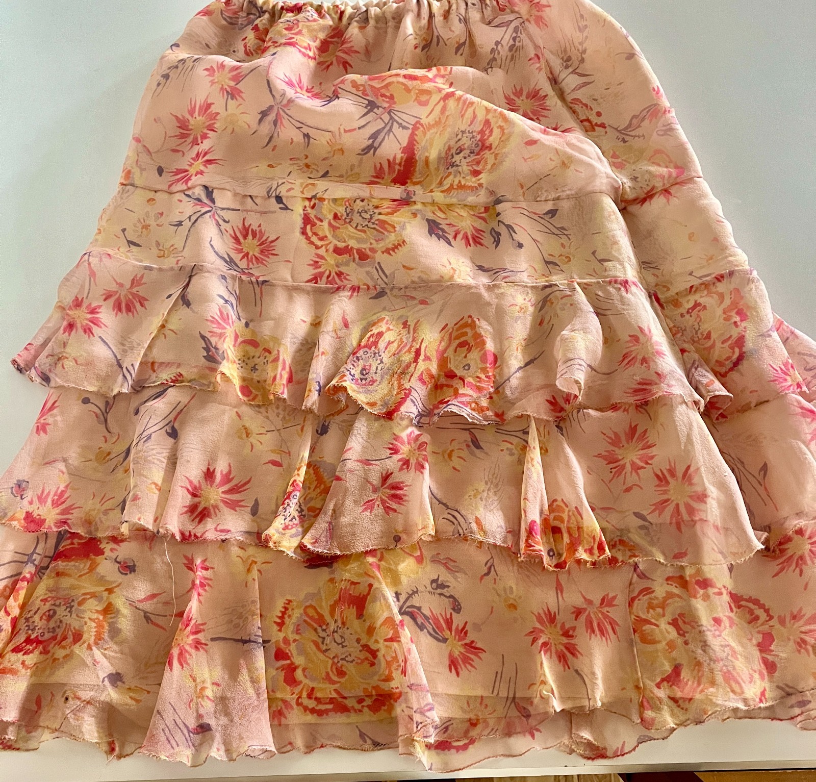 Charming 1920s Tiered Silk Tiered Skirt, Pastels, Peach, Ribbon Work Flowers S-M