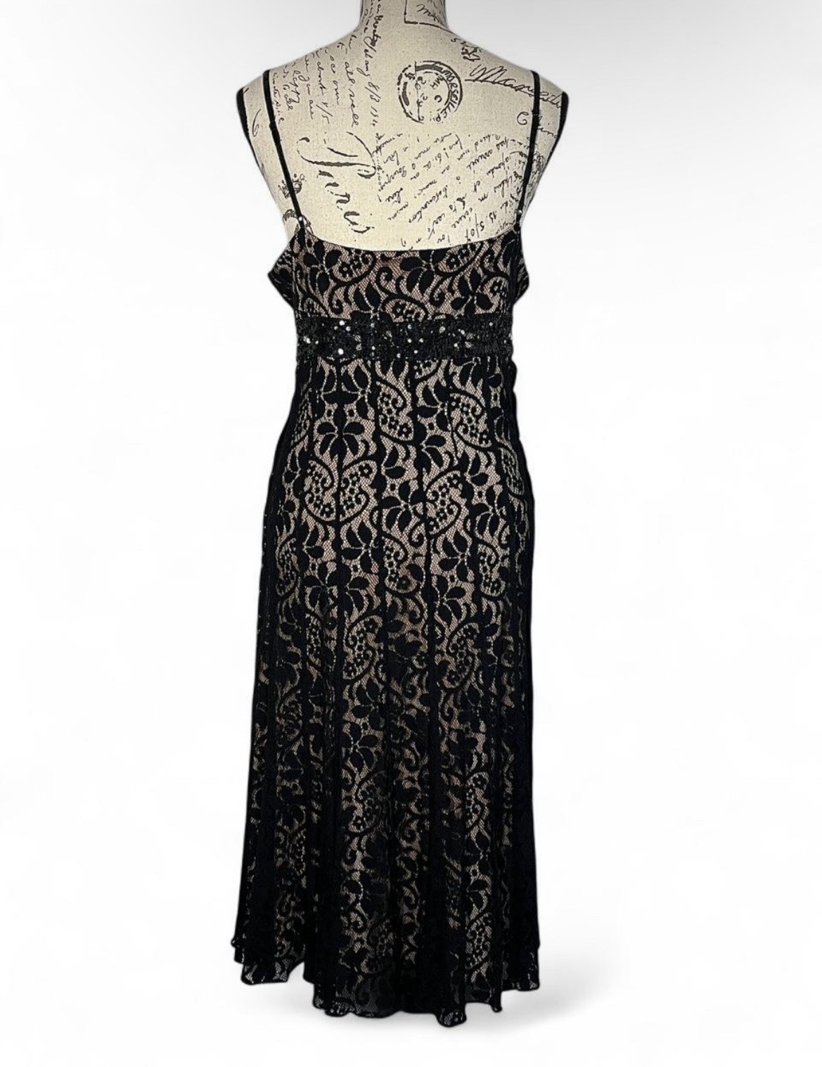 Vintage Black Lace Beaded Sequin Midi Dress Cocktail Party Sz 16