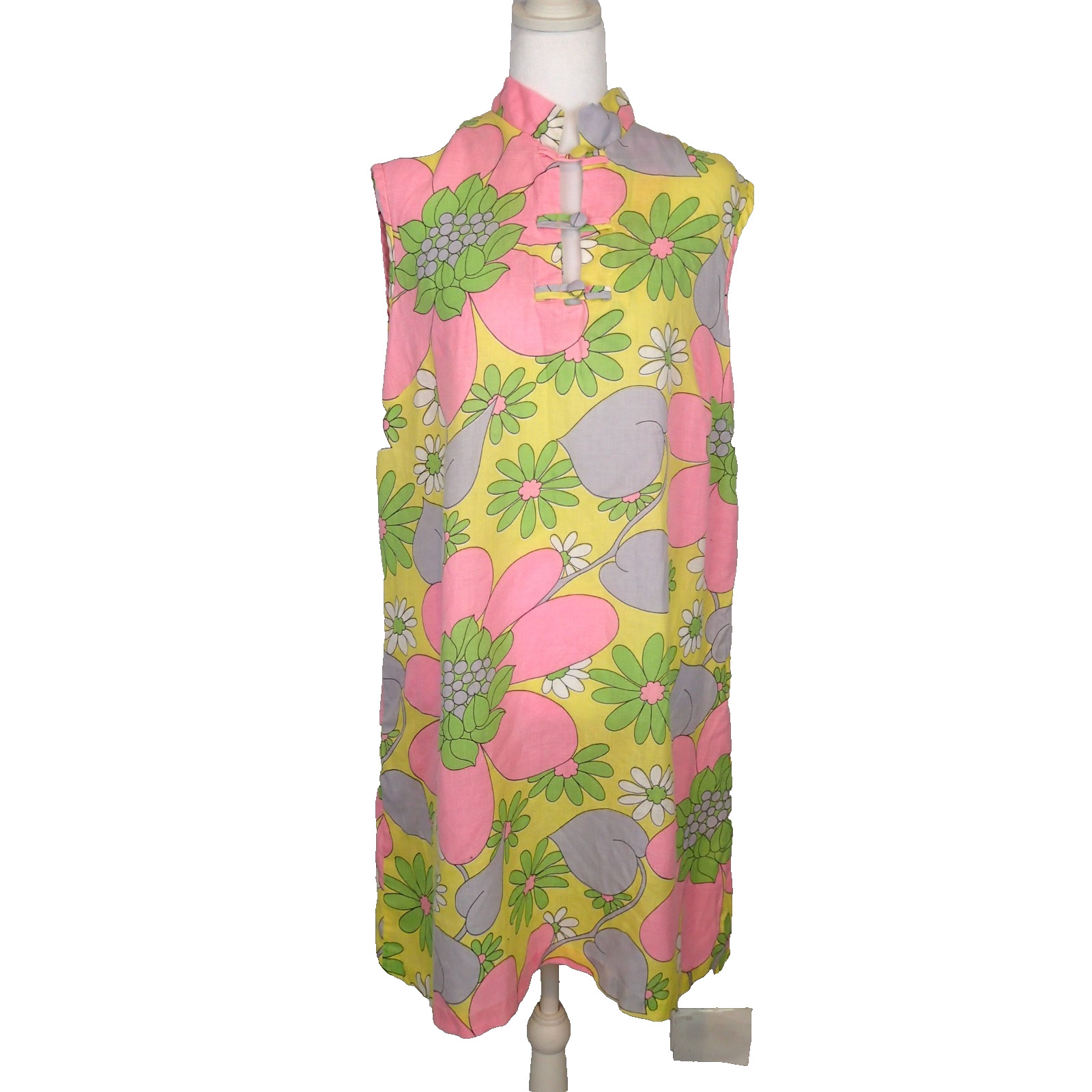 vtg 1960&rsquo;s Dress Shift Mod Sleeveless Bright Floral yellow Pink green m/l