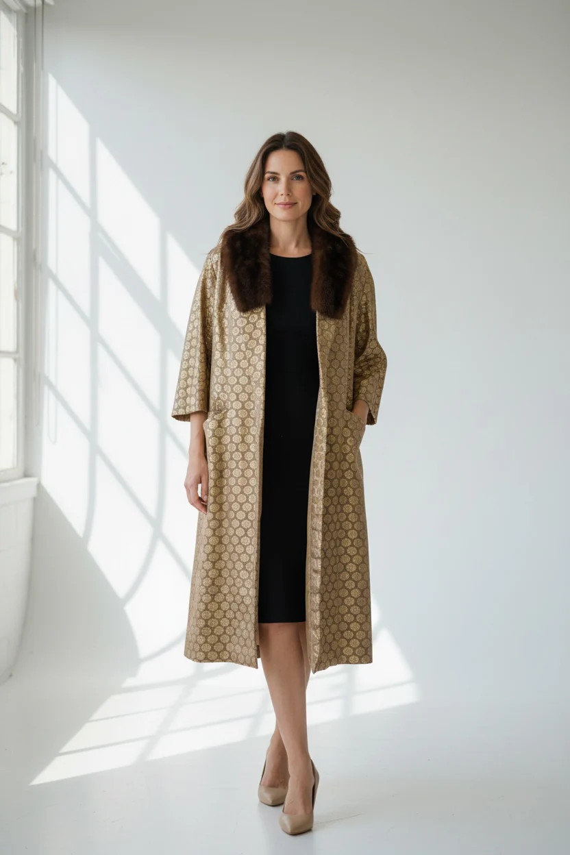 2-Piece Vintage Gold Dress + Fur Collar Coat by Schleisner Co., size
